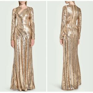 ELIE SAAB Sequin Embroidered Tulle Cutout Long-sleeve Gown In Gold FR40/US8 $732